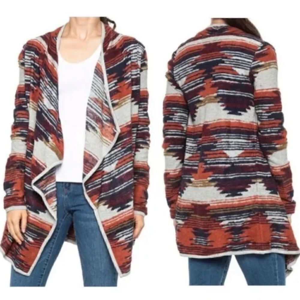 Lucky Brand Gray Orange Blue Southwest Tribal Pattern Waterfall Cardigan